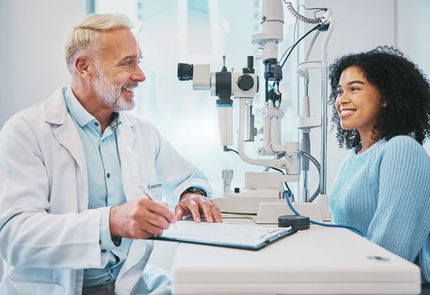 optometrist talking with patient
