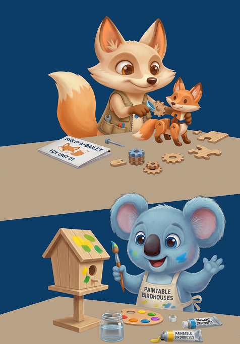 A little fox and a bear cub doing activities