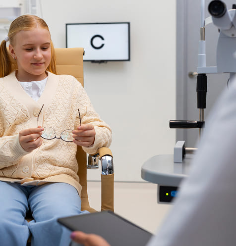 Girl looking at her new eyeglasses happy